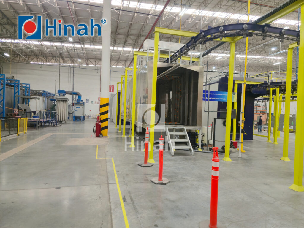 powder coating line for cabinet frames in two coating zones