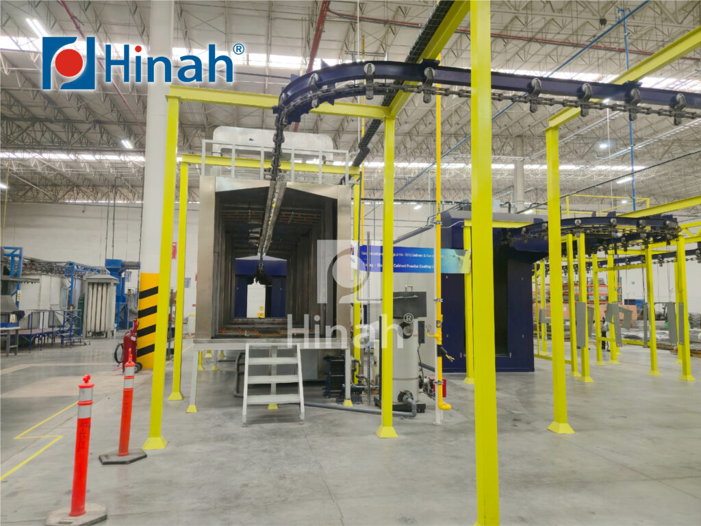 powder coating line for cabinet frames in two coating zones